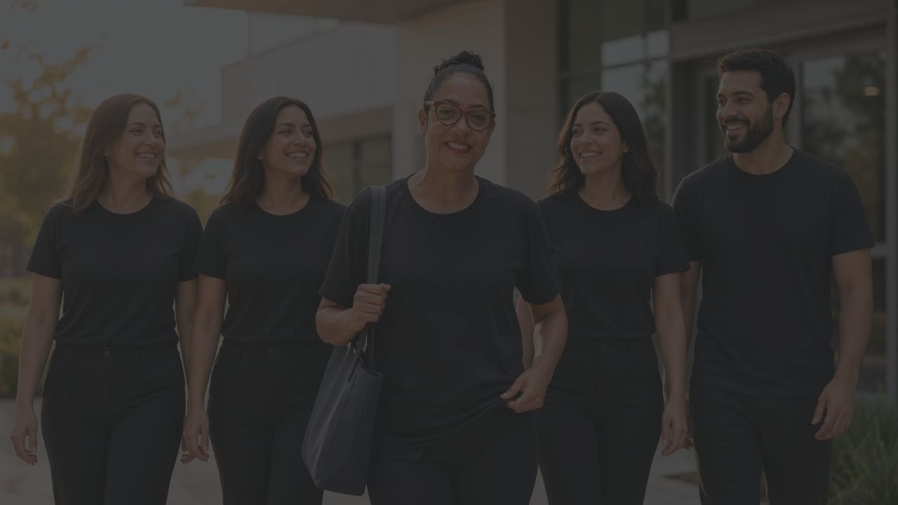 Grupo de profissionais uniformizados caminhando juntos no início do turno