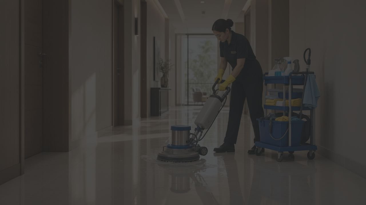 Profissional de limpeza passando enceradeira no hall de área comum, ao lado do carrinho de material