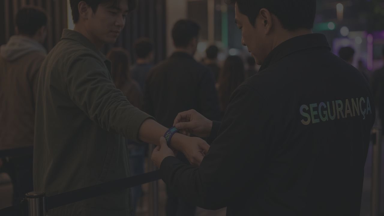 Profissional de segurança conferindo a pulseira de acesso de um convidado na entrada de um evento